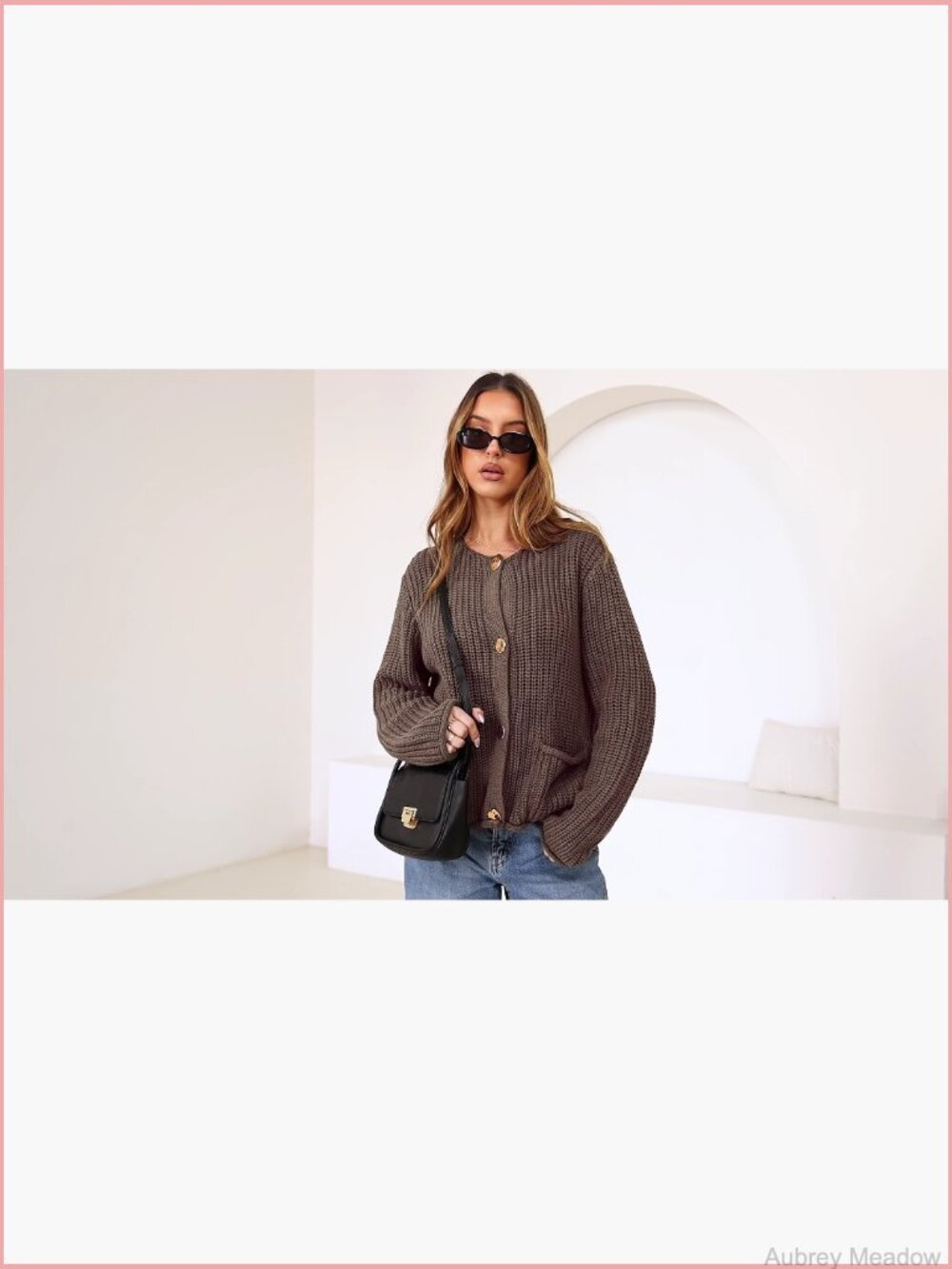 Oversized Chunky Knit Cardigan with Pockets Crewneck Button Up - Picture 6 of 7